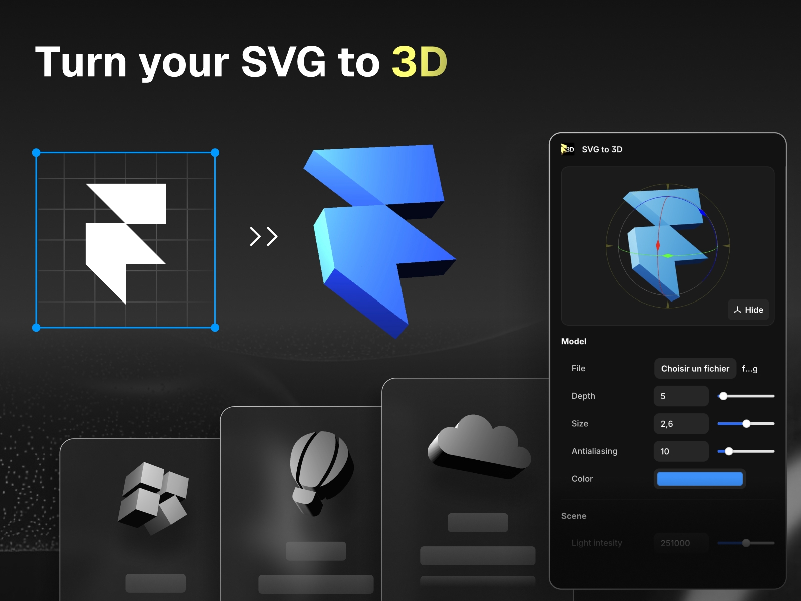 Thumbnail 1 for SVG to 3D, a Framer Marketplace plugin by Umut Sevinc.