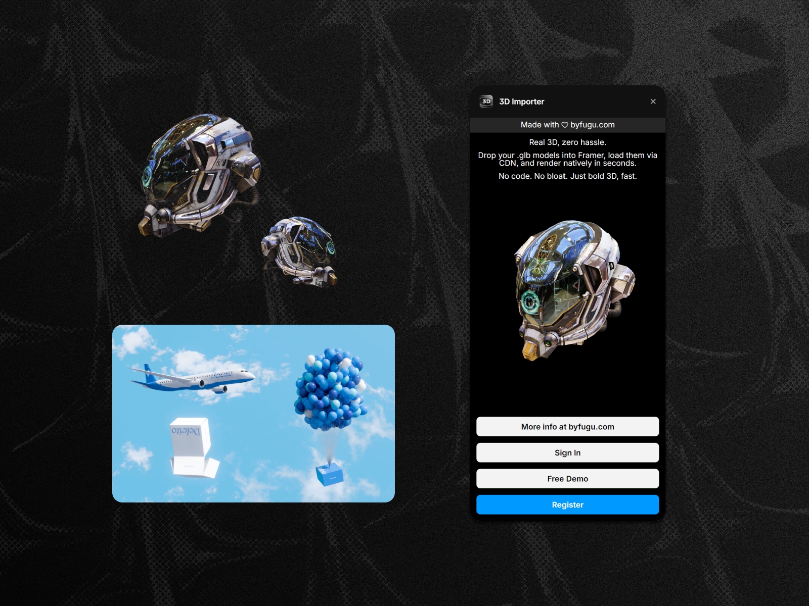 Thumbnail 2 for 3D Importer, a Framer Marketplace plugin by byfugu.com.
