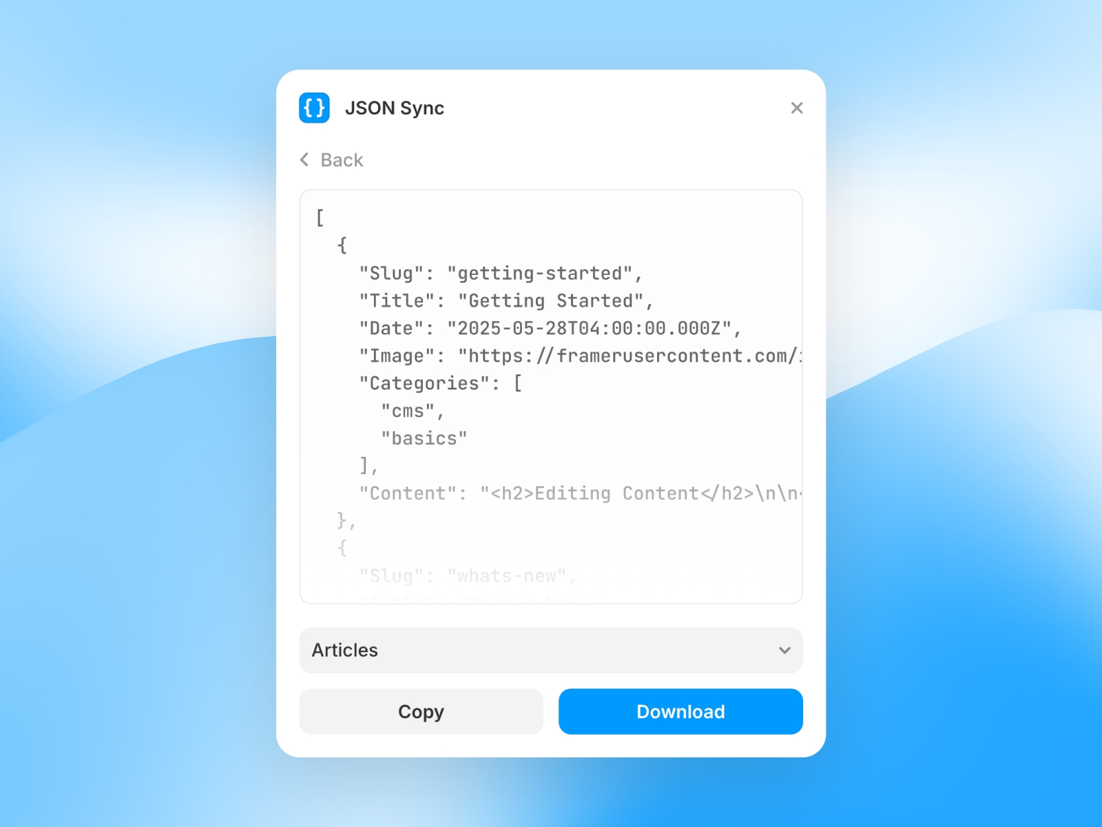 Thumbnail 2 for JSON Sync, a Framer Marketplace template by Isaac Roberts.
