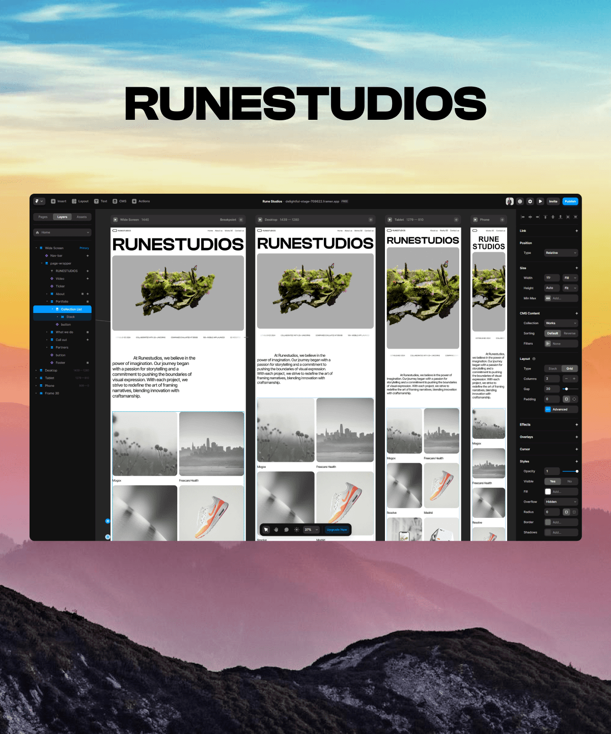 Screenshot 1 for RuneStudios, a Framer Marketplace template by Ozenua Oluwatobi.