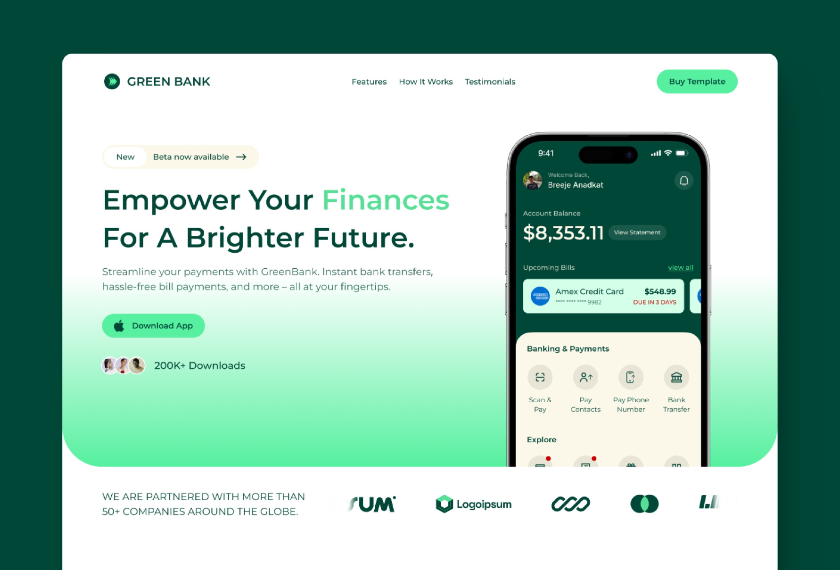 Screenshot 2 for GreenBank, a Framer Marketplace template by Breeje Anadkat.