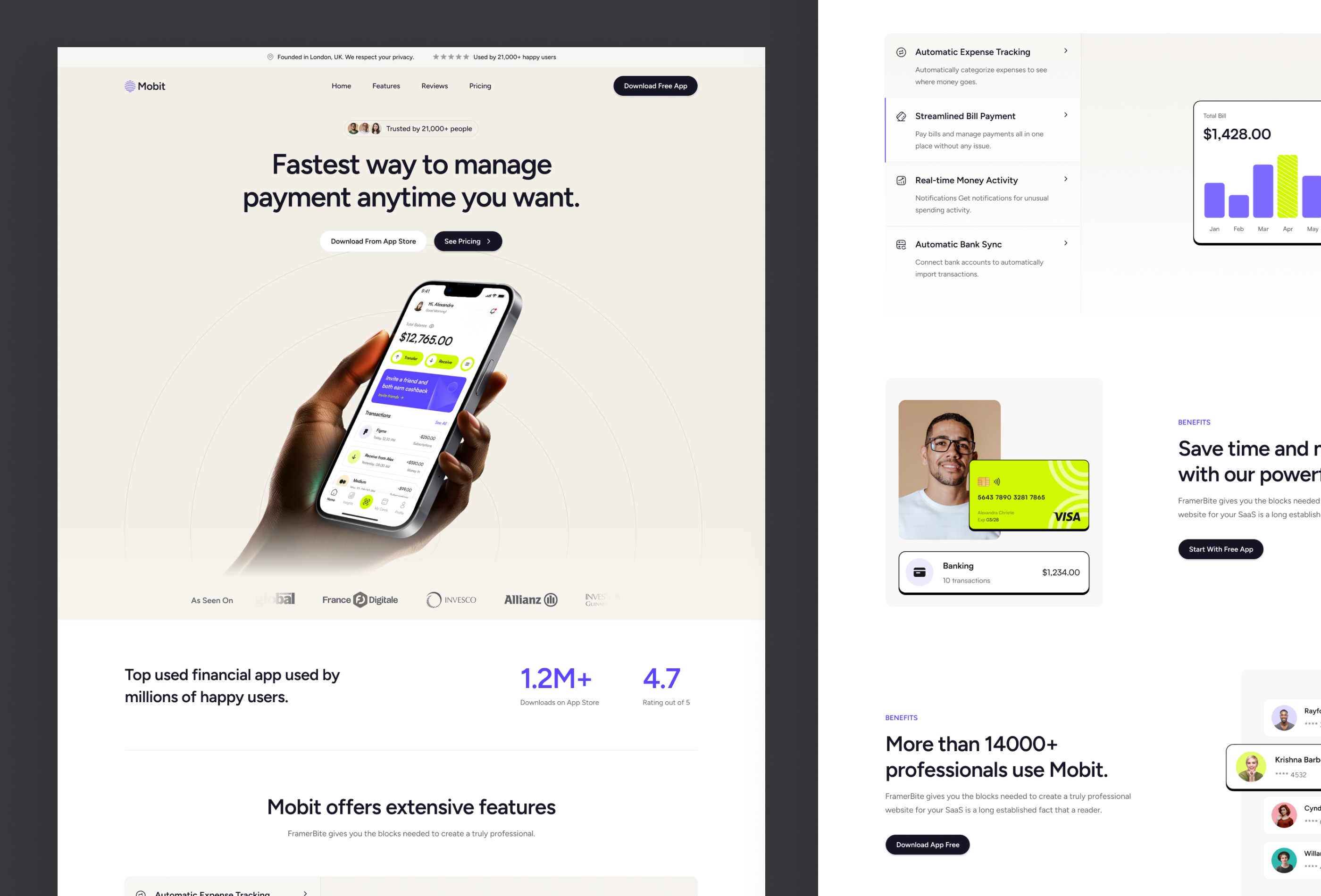 Screenshot 2 for Mobit, a Framer Marketplace template by Framerbite.