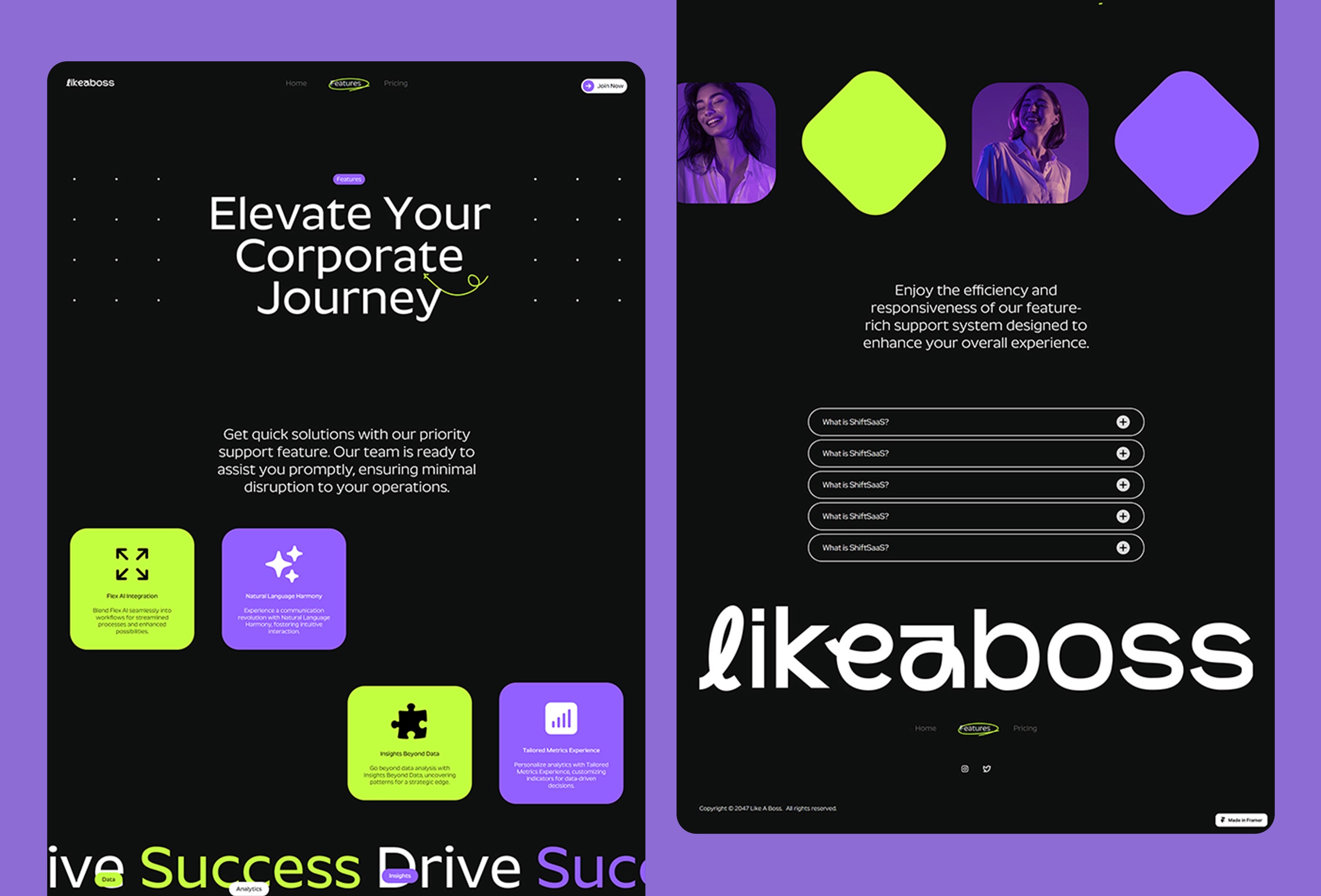 Screenshot 3 for LikeaBoss, a Framer Marketplace template by FogShift.
