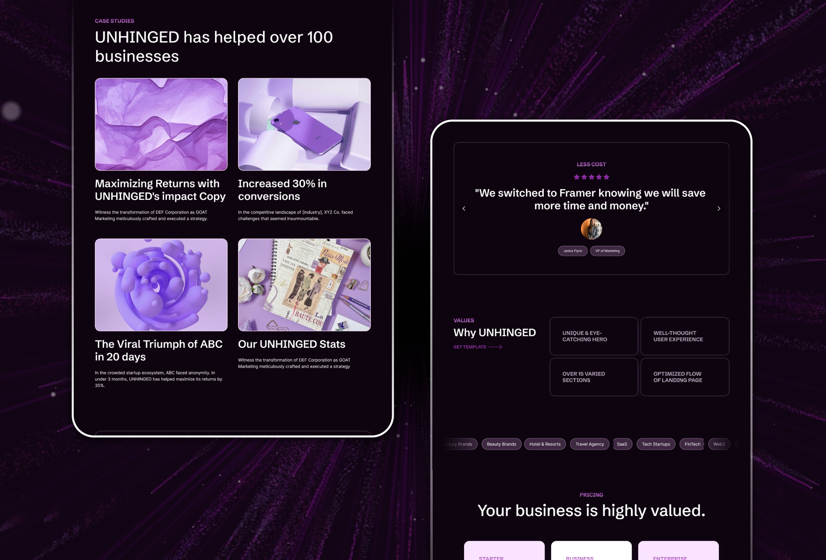 Screenshot 3 for UNHINGED, a Framer Marketplace template by Viflor Tiong.