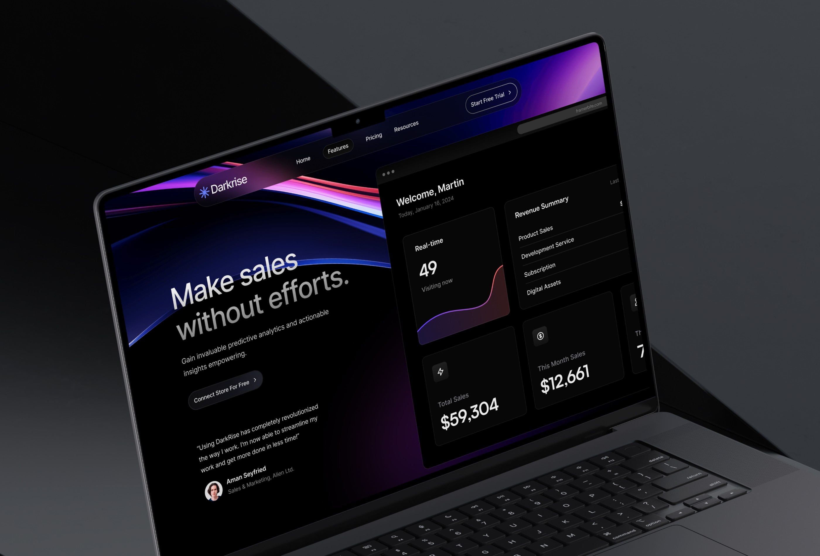 Screenshot 3 for Darkrise, a Framer Marketplace template by Framerbite.