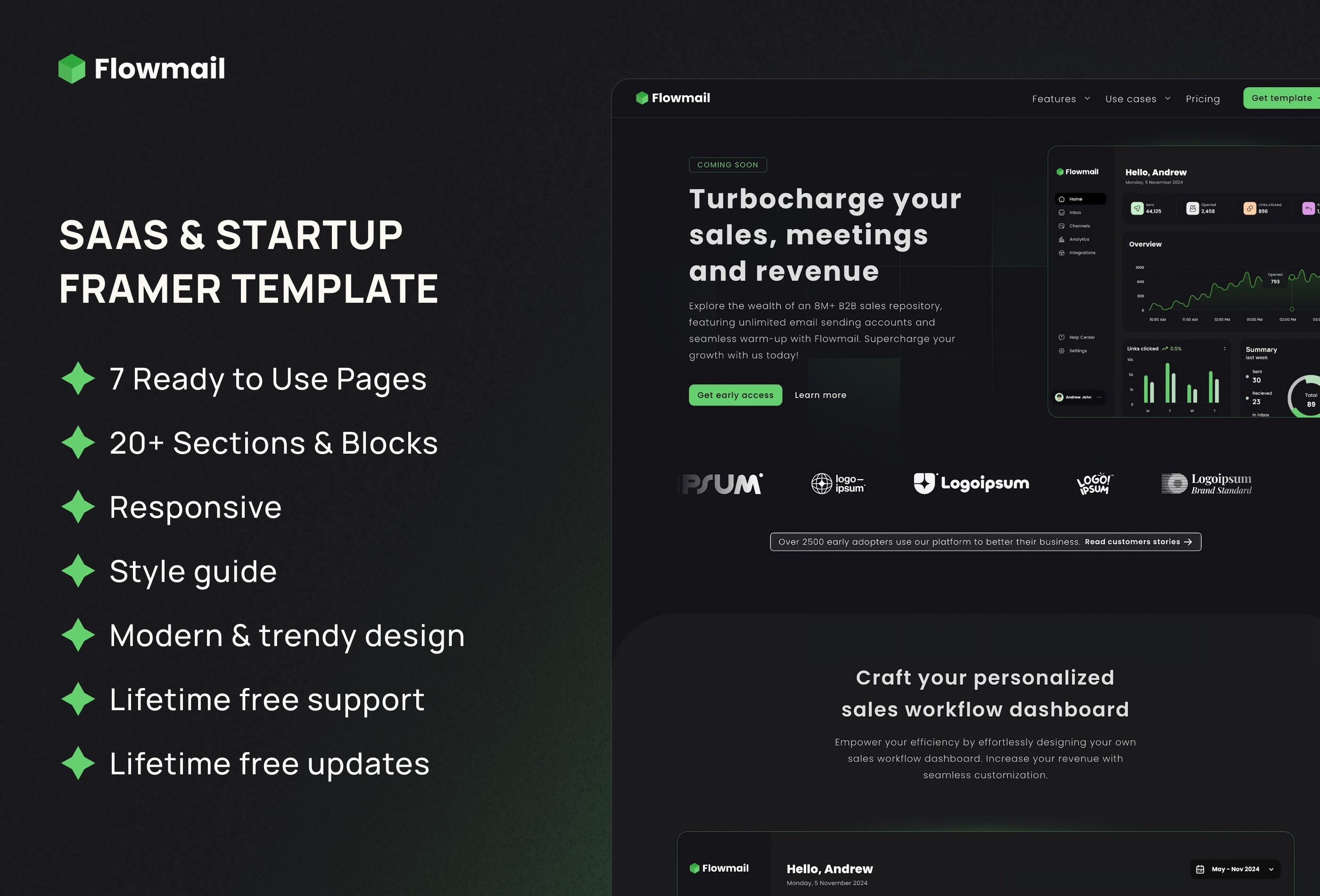 Screenshot 2 for Flowmail, a Framer Marketplace template by Kseniia Deniakova.