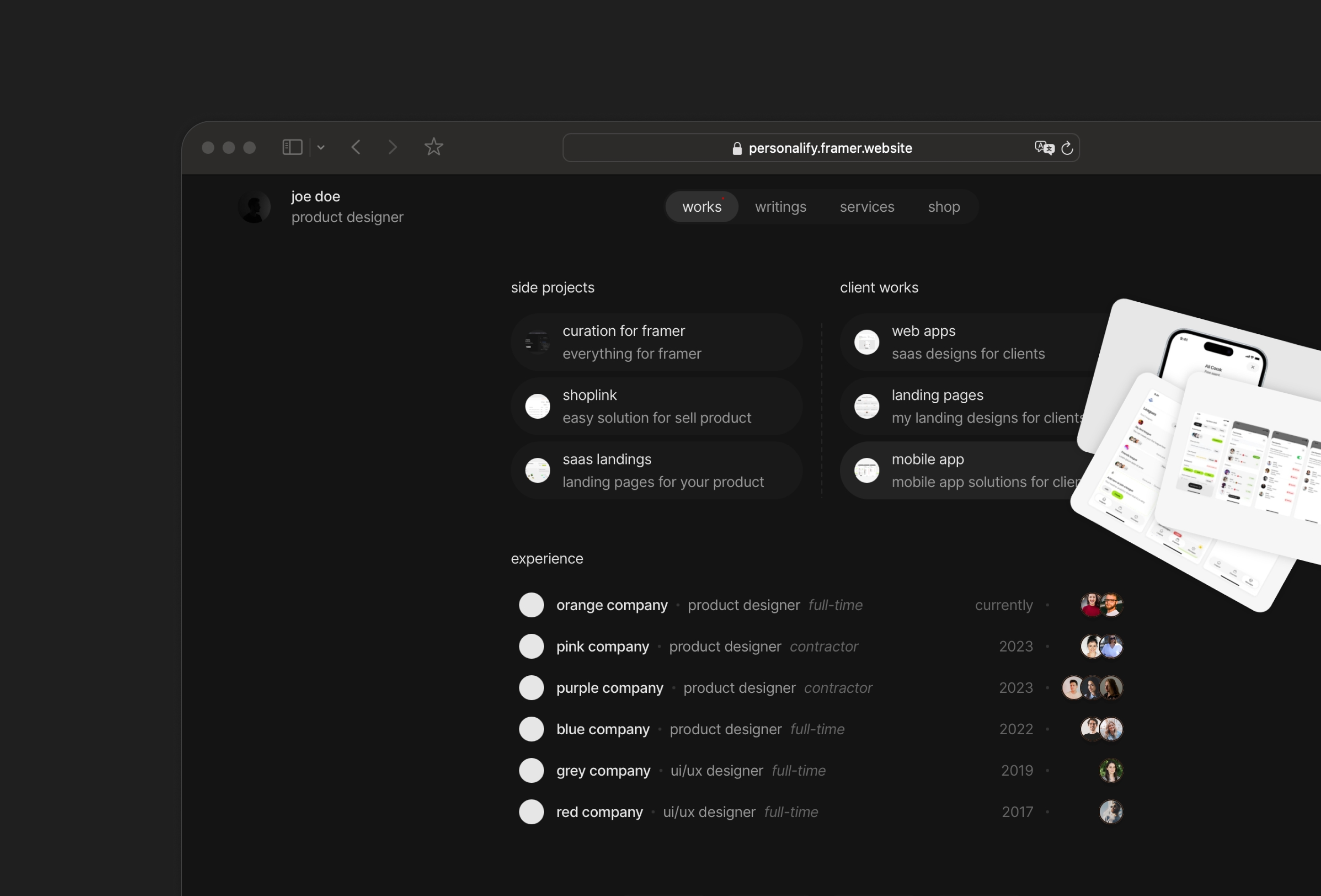 Screenshot 3 for Personalfolio, a Framer Marketplace template by Ali Çorak.