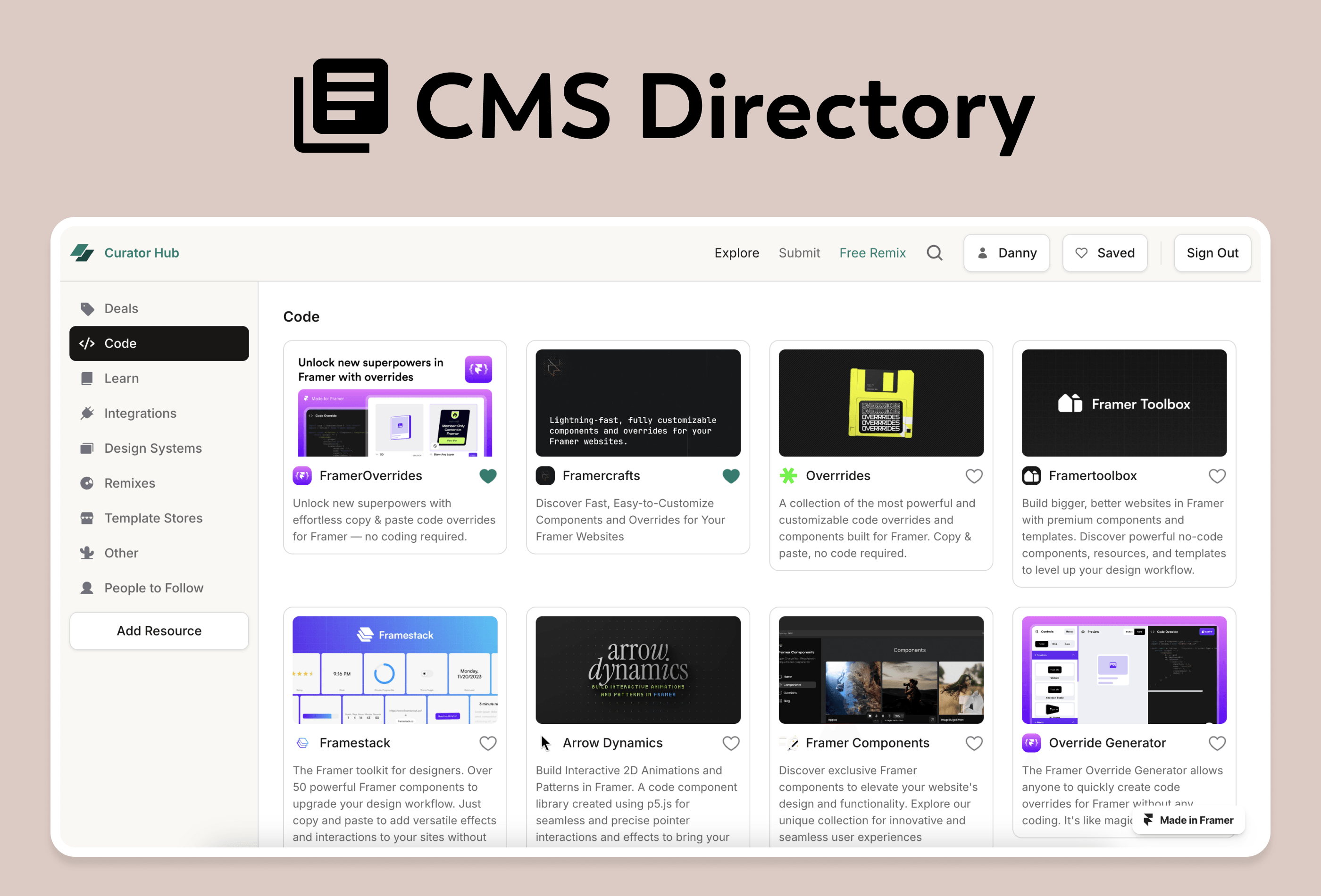 Thumbnail 2 for Curator Hub, a Framer Marketplace template by Danny Sapio.